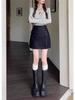 Women's Petite Black PU Leather A-Line Mini Skirt - Autumn/Winter Wrap Hip Style