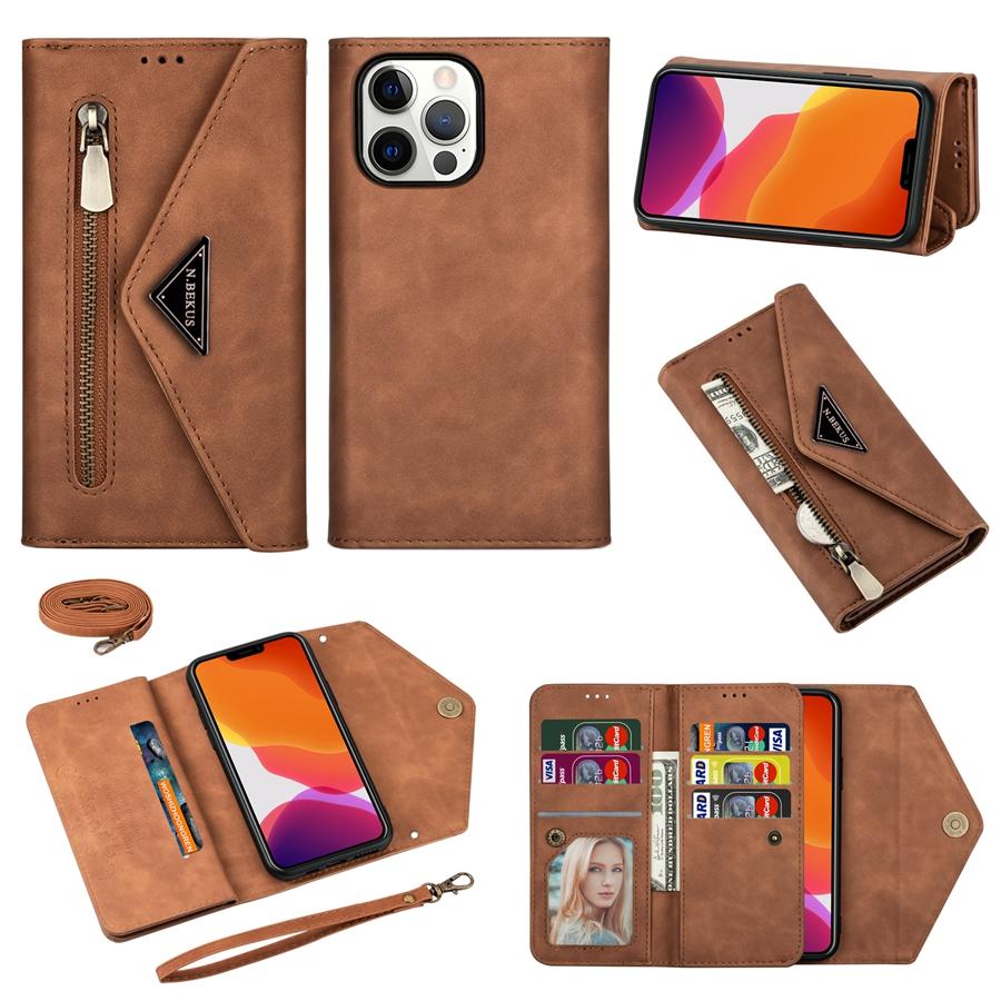 Wallet Skin-feeling Multi-card Zipper With Lanyard Leather Case For iPhone 14 Pro Max Samsung Galaxy A13 A33 A53 Xiaomi Redmi Note 11 Huawei P30 Lite