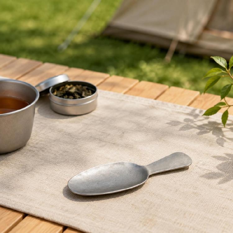 Mini Tea Spoon with Extended Integrated Handle and Uncoated Sandblasted Finish for Reaching into Canisters during Office or Camping Tea Preparation