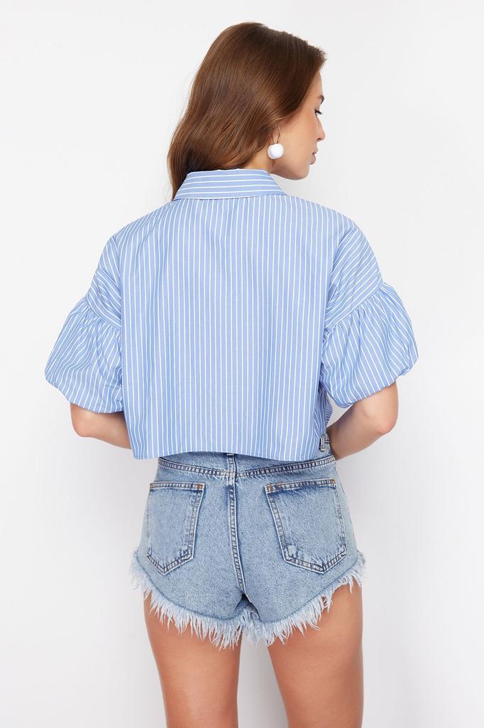Women's Style Shirt Striped Crop Woven Balloon Sleeve Shirt