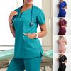 Топы для медсестер Однотонные пуловеры с V-образным вырезом и короткими рукавами и 4 карманами с косой по бокам