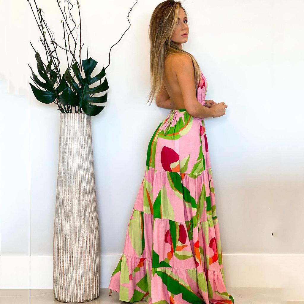 Ladies Summer Deep V Backless Floral Halter Long Dresses