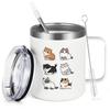Livole Cat 350ml Stainless Keeps Hot or with Lid and Cute Gift for Women and Men Mug, Steel, Cold, Straw, (White)