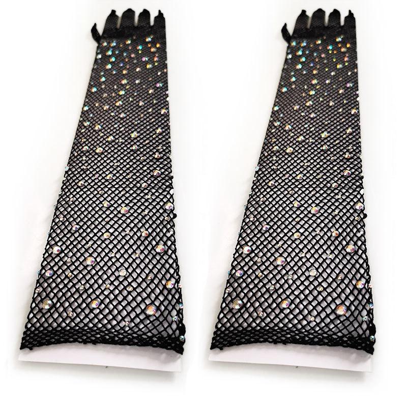 2 Pair Mesh Gloves Fishnet Crystal Rhinestone Long Full Finger Arm Opera Party Lace