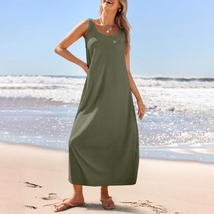 Summer Women's Casual Loose Sleeveless Round Neck Sundress Long Beach Dress