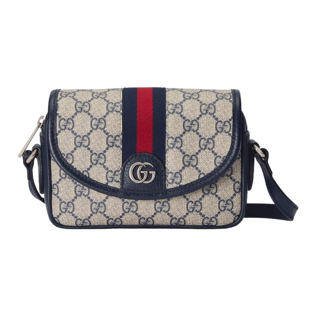 Gucci Ophidia GG Supreme Mini Crossbody Bag, Beige Canvas Navy Leather Trim,Women's Shoulder Handbag for Daily Shopping Travel 772239-FACUK-4047