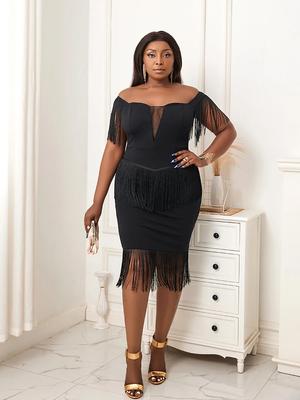 Черные платья с кисточками, женские платья с v-образным вырезом и открытыми плечами, сексуальные облегающие вечерние наряды с бахромой по подолу