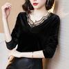 Women's Fashionable Golden Velvet Top Spring Autumn New Mother's Long Sleeve Tshirt Temperament Lace V Neck Bottoming Blouse