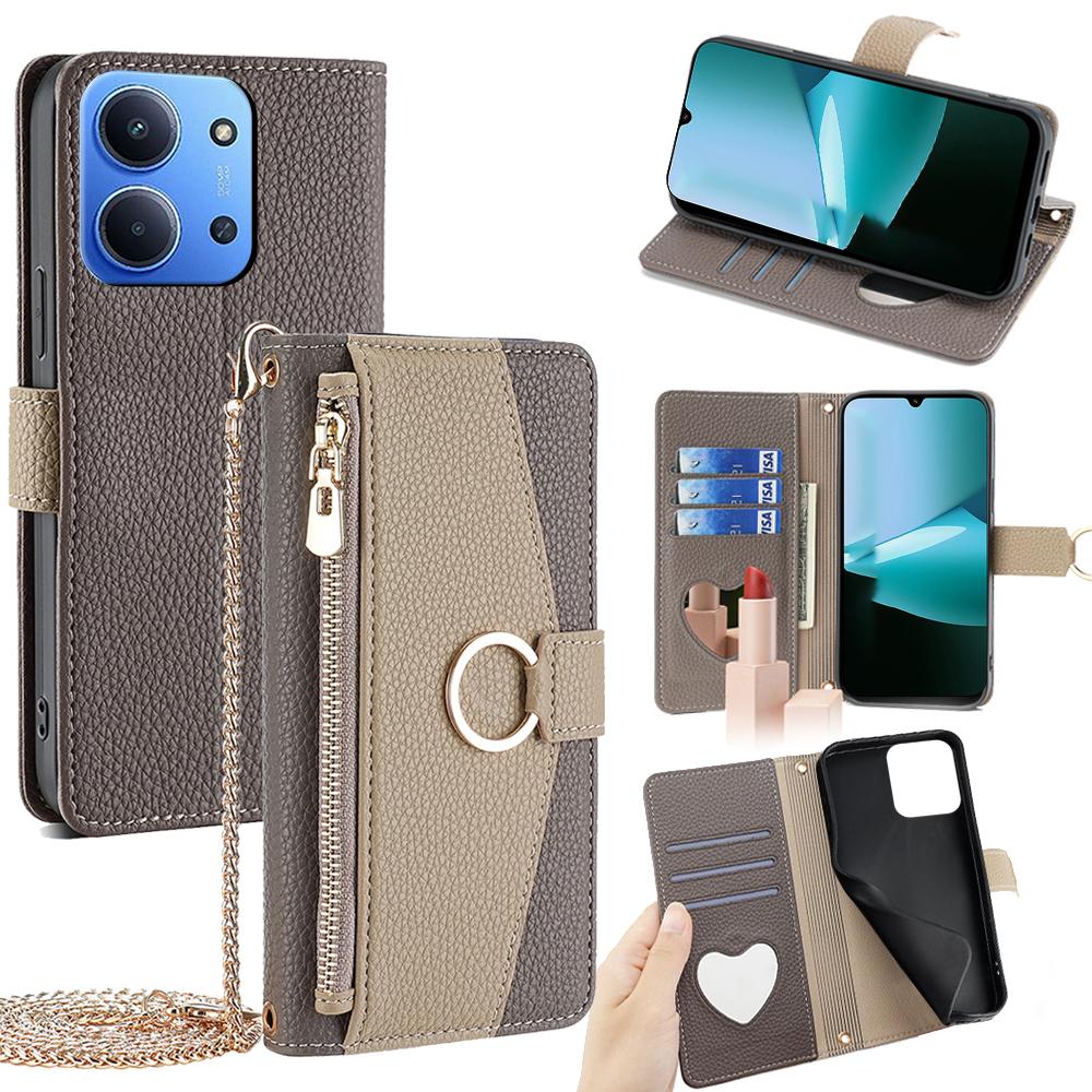 For Xiaomi Redmi 15C 4G (Global) (171mm)/Poco C85 4G (171mm) Case Mirror Wallet Leather Phone Cover with Chain Shoulder Strap