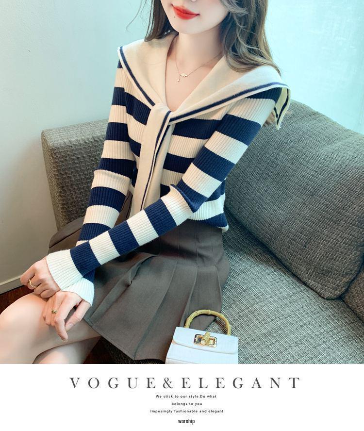 Navy Striped Collar Sweater Women’s Autumn/Winter 2025 College Style Slim Fit Knitwear