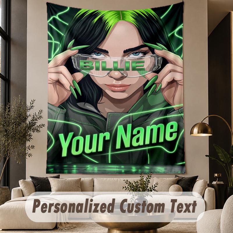 Custom Text Printed Tapestry Billie Eilish Pattern Large Wall Hanging Indoor Room Decor