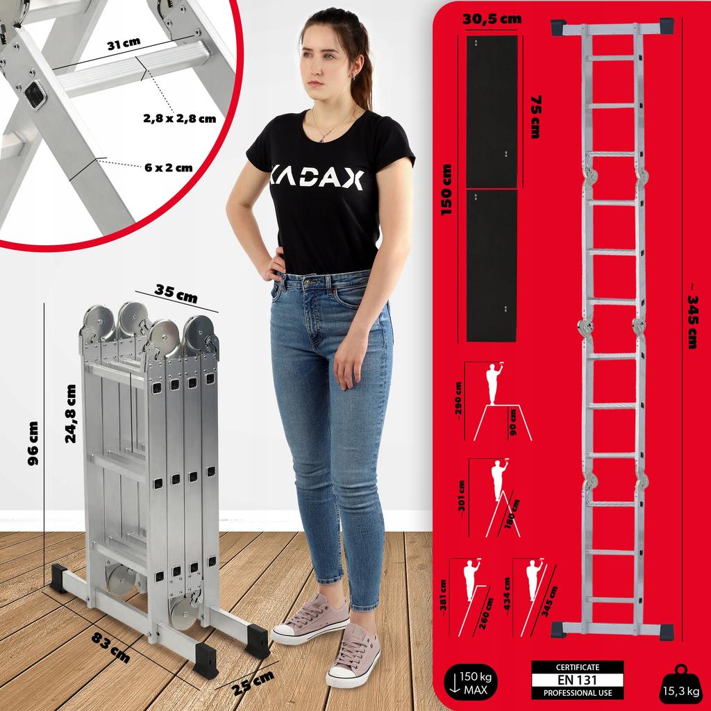 KADAX Алюминиевая многофункциональная шарнирная лестница 4x3 Прочная + платформа 150 кг