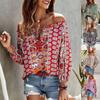 Women's Boho Floral Print Off Shoulder Ruffle Trim Knot Front Shirt