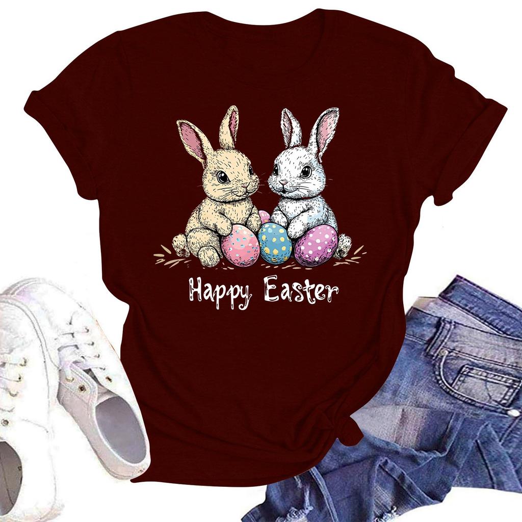 Happy Easter Women's Fashion Printed Round Neck Short Sleeve T-Shirt Pullover Top