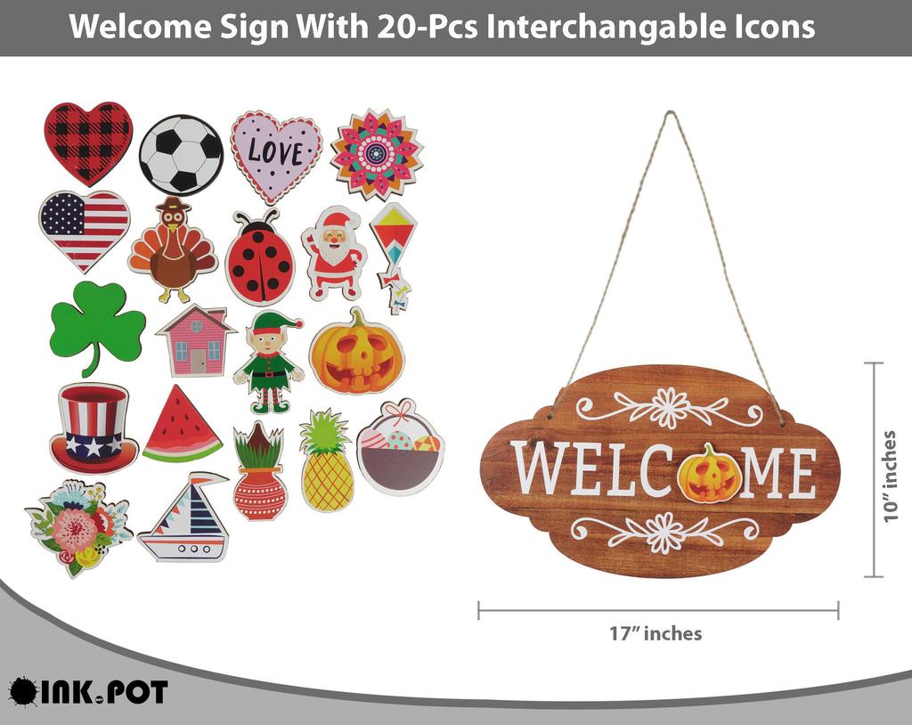 Inkdotpot Welcome Sign Front Door Decorations Hanging Rustic Wood Seasonal Holiday Ornaments Wall Hanging 17" Inches
