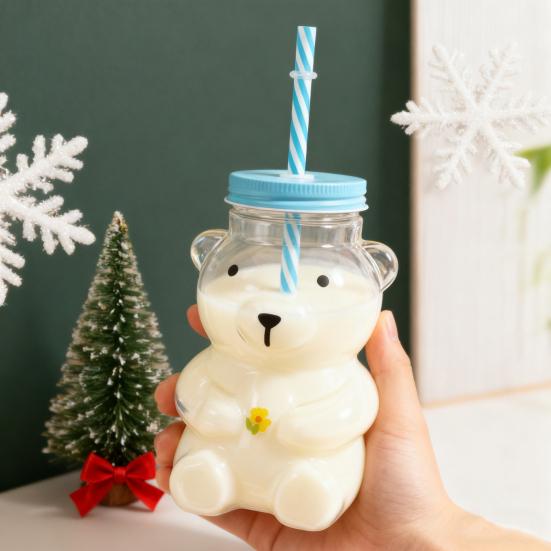 Yousheng Bear Glass Sippy Cup with Leak-Proof Lid Straw Cute Bear Glass Mug for Juice Milk Tea Smoothies Creative Bear-themed Drinkware