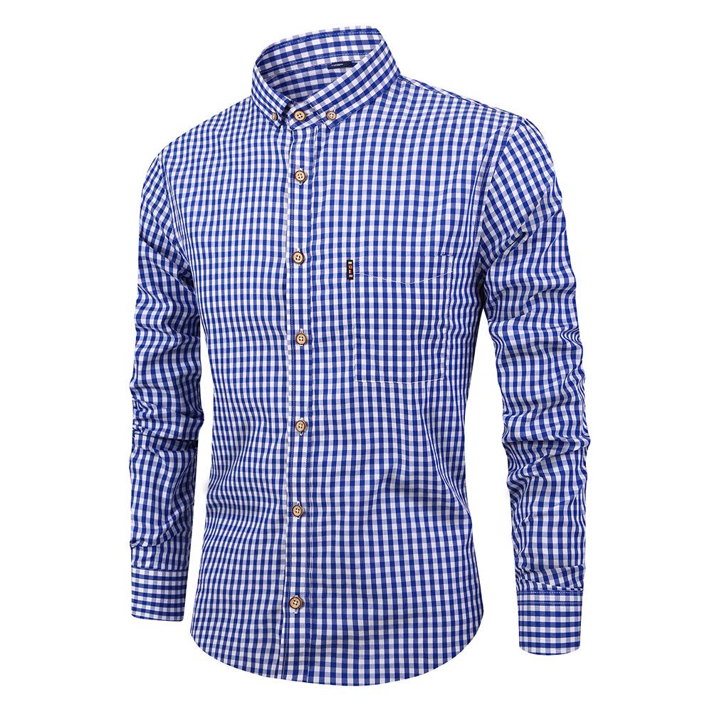 Men's Breathable Cotton Long Sleeved Checkered Shirt for Autumn and Winter