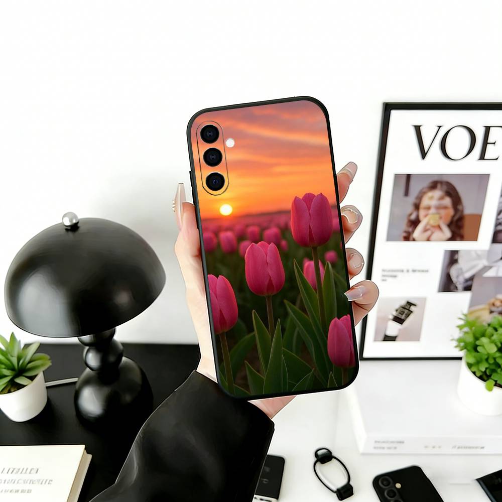 Super Beautiful Tulip Phone Case For Samsung Galaxy A73,A72,A71,A70,A53,A52,A51,Soft Silicone Black Cover