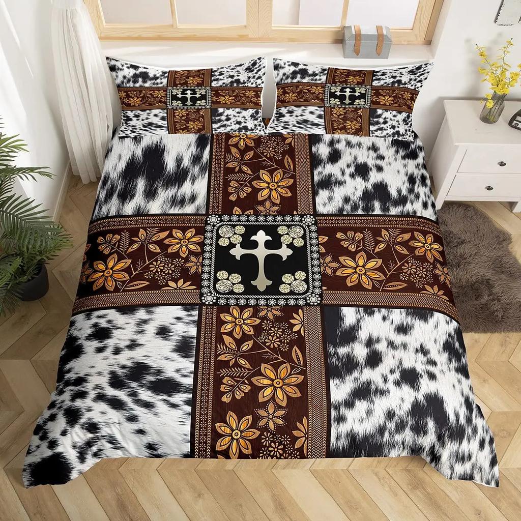 Пододеяльник с коровьим принтом Queen Vintage Floral Комплект постельного белья для девочек, мальчиков, мужчин, в стиле вестерн, фермерское животное, бычья шкура, одеяло
