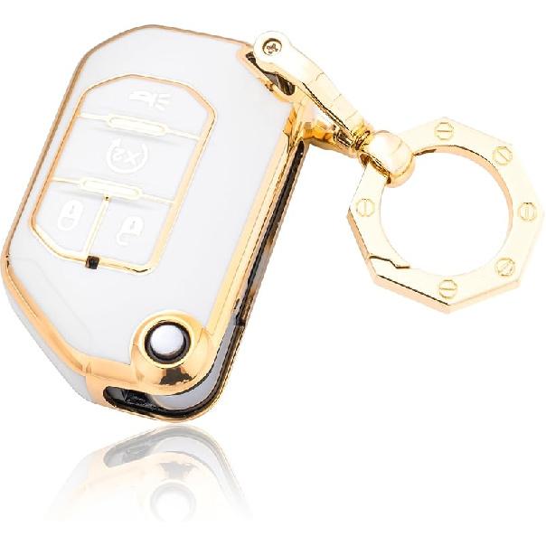 YHC for Jeep Key Fob Cover Car Key Case Shell with Gold Keychain fit Wrangler Gladiator JL JLU JT