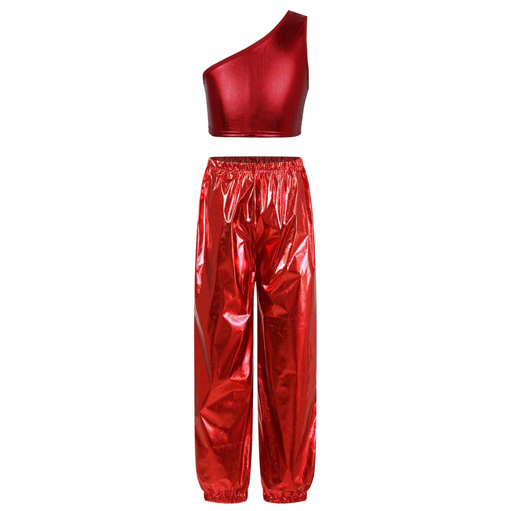 Girls Party Performance Outfit One Shoulder Sleeveless Metallic Vest Shiny Pants Dance Costume Stage Set