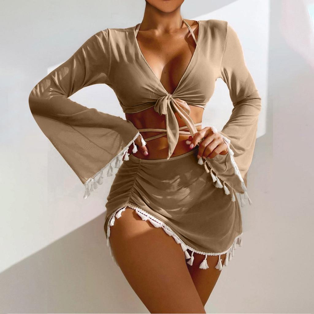 Женский однотонный купальник, женский купальник с разрезом на тонких бретельках и высокой талией, комплект из четырех предметов