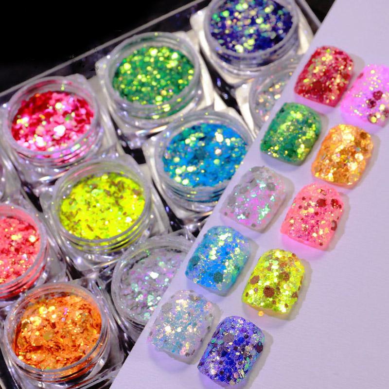 12 цветов/набор смешанных 3D ультратонких блестящих блесток для ногтей DIY хромированная пудра блестящая круглая толстая часть ослепительное украшение для маникюра