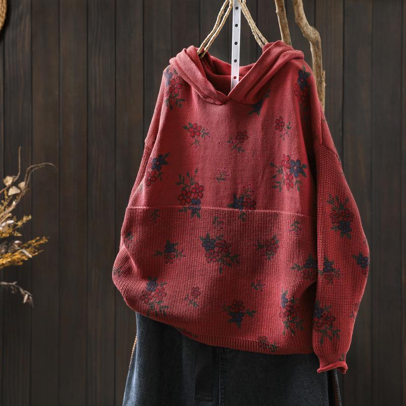 2025 Bo Jia Fan Flower Print Hooded Cotton Knit Sweater - Loose Fit, Autumn Style