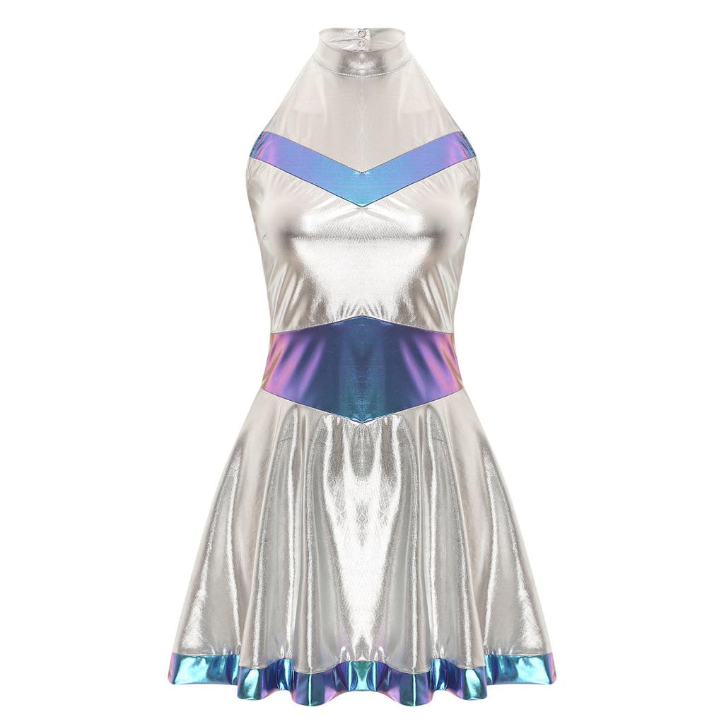 Women Carnival Rave Party Suit Space Astronaut Alien Robot Cosplay Costume A-line Mini Dress for Halloween Theme Party