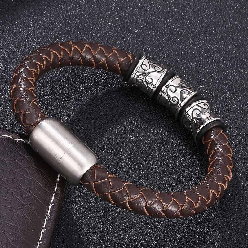 Fashion Men Jewelry Leather Bracelet Viking Charm Stainless Steel Cuff Bracelets With Strong Clasp Fashion Bangles