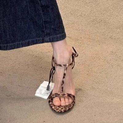 Женские туфли на высоком каблуке, сексуальные босоножки с открытым носком с леопардовым принтом, летнее уличное платье 2024, вечеринка на подтяжках, женские босоножки на высоком каблуке