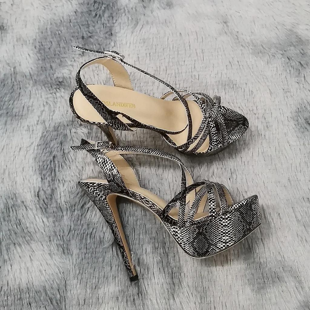 Женские босоножки НОВЫЕ 14 см с открытым носком на платформе и высоким каблуком с узором змеиной кожи, сексуальные сандалии с ремешком на щиколотке, гладиаторские вечерние туфли для женщин