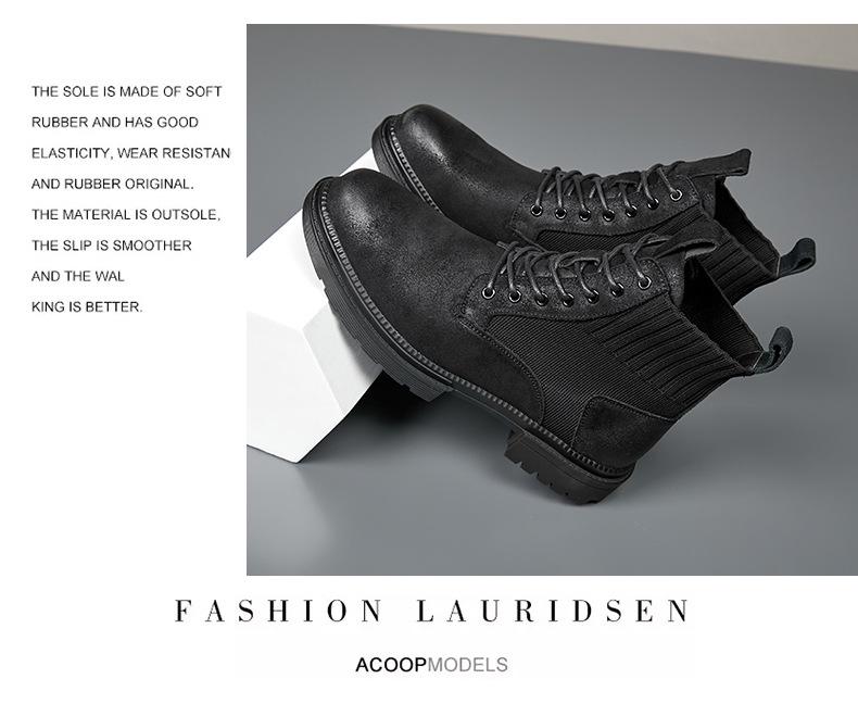 Men's Trendy British-Style Genuine Leather Lace-Up Martin Boots, Thick Sole, High Top, Elastic Design, Suitable for Outdoor Hiking.