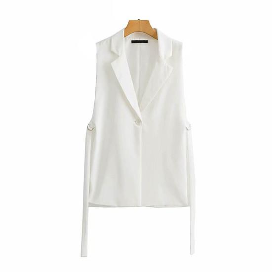 Women Vest Coat Turn-down Collar Sleeveless Loose Solid Color Single Button Cardigan Strap Decor Mid Length Commute Formal Suit Waistcoat