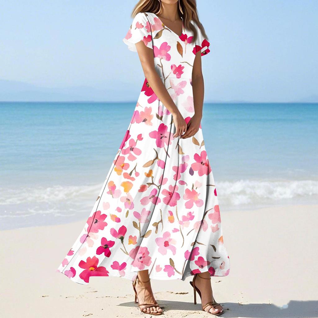Женские повседневные модные длинные платья с принтом, платья с V-образным вырезом и коротким рукавом