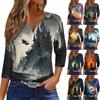 Women's T Shirt Halloween Print Button 3/4 Sleeve Daily Weekend Fashion Basic V- Neck Regular Top