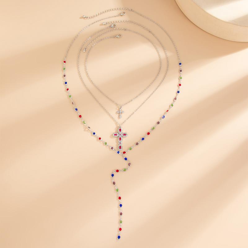 3/4Pcs Simple Jesus Cross Pendant Choker Stacking Necklace For Women Trendy Colorful Crystal Chain Christian Jewelry Gift
