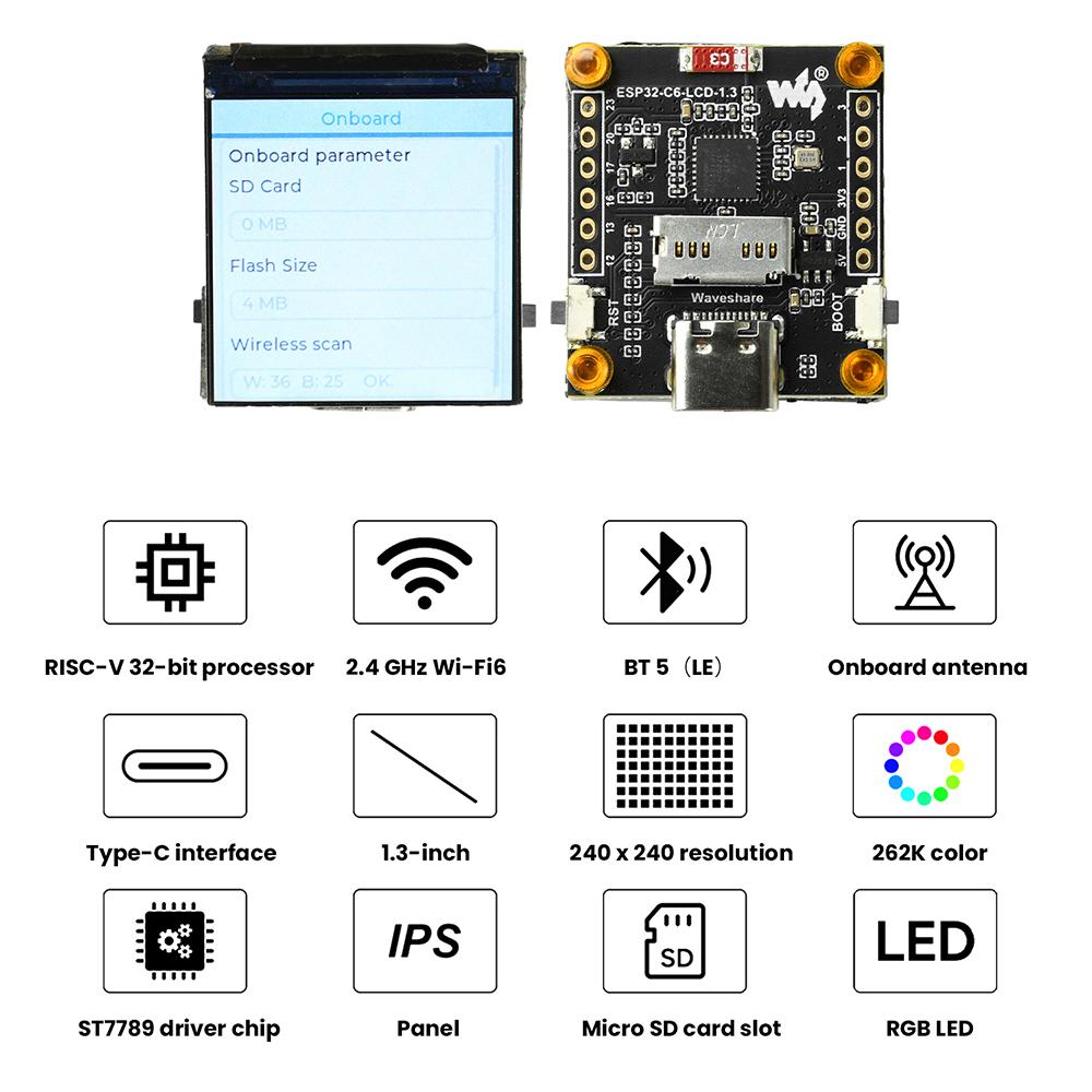 ESP32-C6 1,3-дюймовый ЖК-дисплей ST7789 WIFI Bluetooth плата разработки 240x240 разрешение одноядерный процессор Type C