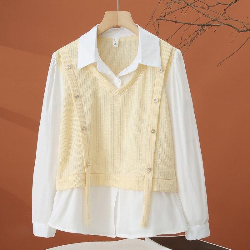 Women's Fake Two-piece Shirt Splicing Contrasting Turndown Collar Button Decoration Lady Shirts Spring New Trend Famale Top