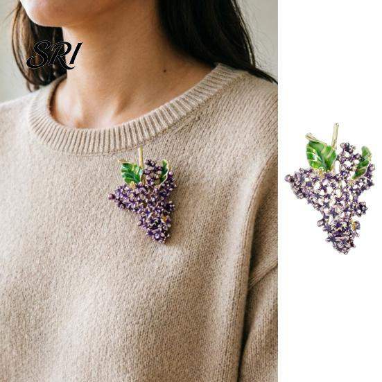 Green Leaf Pin Brooch Lilac Bouquet Design Enamel Purple Rhinestones Zinc Alloy Suit Coat Sweater Dress Accessory