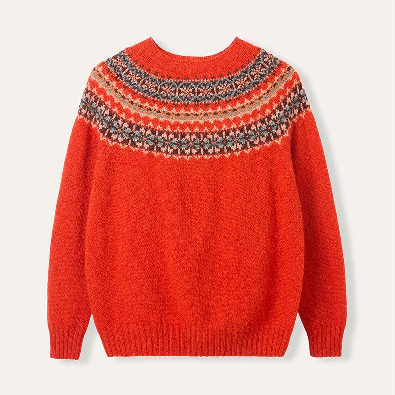 Europe, America, autumn and winter new Fair Island pattern sweater jacket round neck long sleeve loose knitted sweater women's top