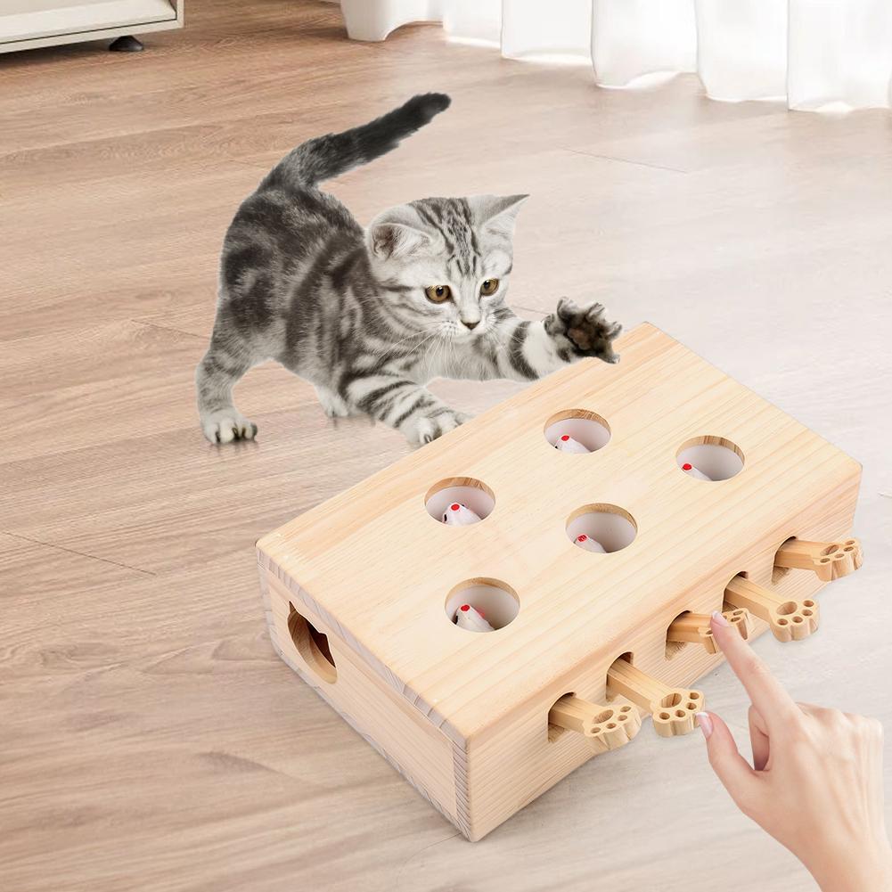 Wooden Whack-A-Mole Cat Toy Catch Mice Game Cat Puzzle Toy for Indoor Cats Kitten