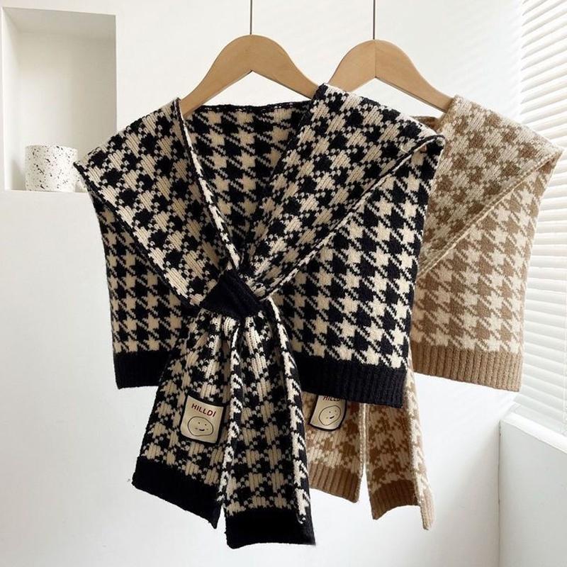 Korean Style Wool Knitted Warm Shawl Winter Blouse Shoulder Fake Collar Cloak Knitted Scarf Houndstooth Neck Scarf