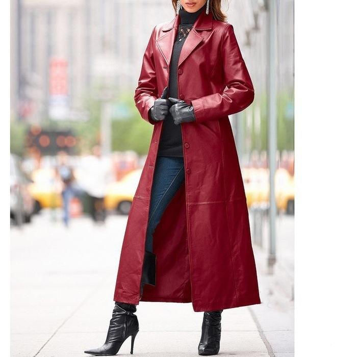 Autumn and Winter Coat European and American Women's Buttoned Leather Coats Extra Long Slim Fit Plus Size Leather Windbreaker Women