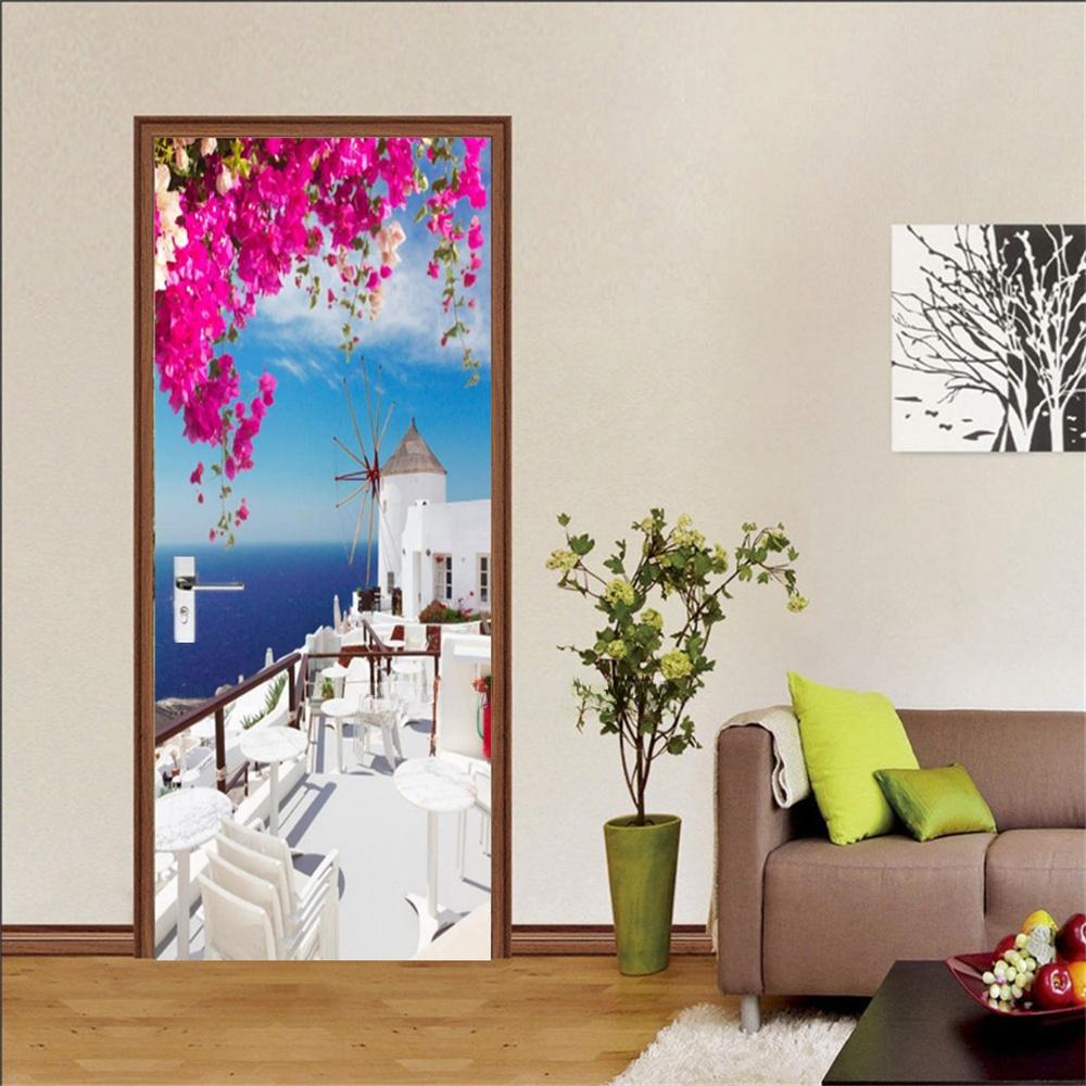 3d дверная наклейка, зеленые пальмовые растения, обои, самоклеящиеся, для входа, для дома, спальни, декоративные винилы, абстрактные линии, пейзажный постер