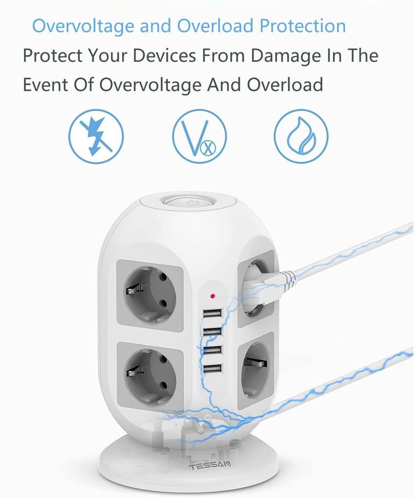 Tessan Удлинитель Tower Вертикальная защита от перенапряжения Вилка европейского стандарта Несколько розеток с переключателем 8 розеток 4 порта USB Удлинительный кабель длиной 2 м