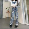 Лето 2025 года, новые прямые брюки из хлопкового денима, расклешенные брюки в винтажном стиле, тонкие обрезанные женские брюки длиной до пола с принтом