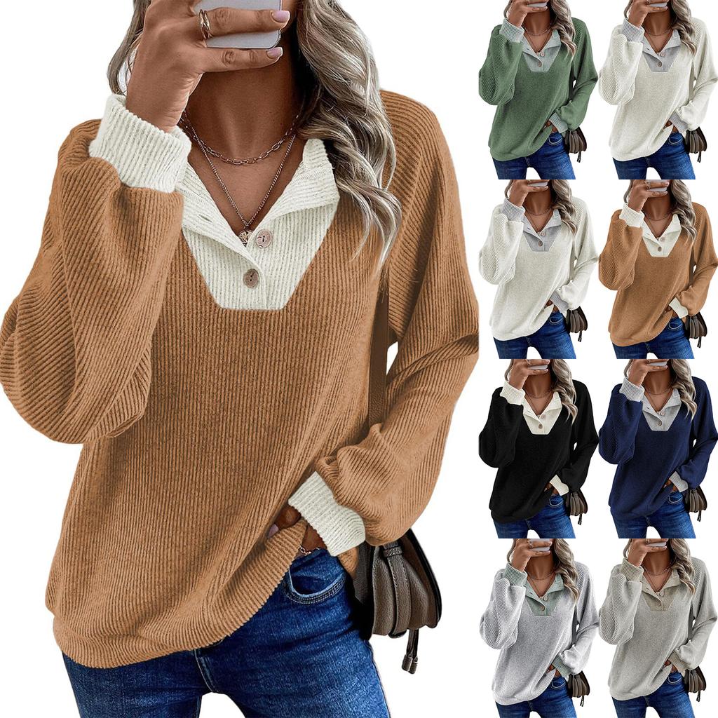Women's Pullover Lapel Sweatshirt Fashionable Stitching Contrast Color Top