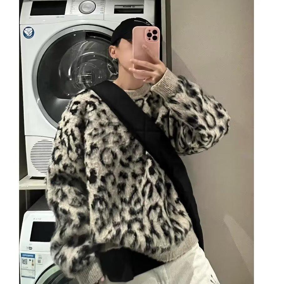Мужской ретро-свитер с леопардовым принтом - Высококачественный вязаный свитер в стиле колор-блок