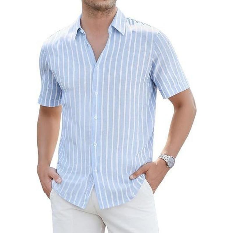 Men Vertical Stripe Lapel Short Sleeve Linen Blend Button Down Shirt